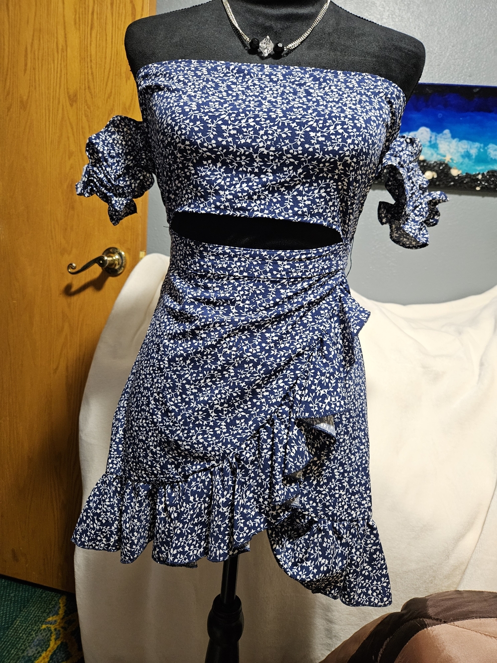 SHEIN Navy Blue & White Floral Off-Shoulder Ruffle Dress